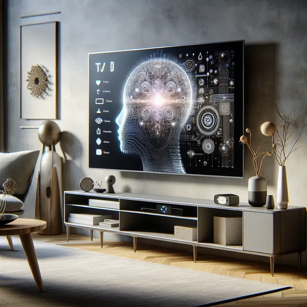 "Smart TV dengan teknologi AI canggih, menampilkan antarmuka pengguna yang modern dan fitur interaktif, menggambarkan inovasi perangkat hiburan pintar di era digital."