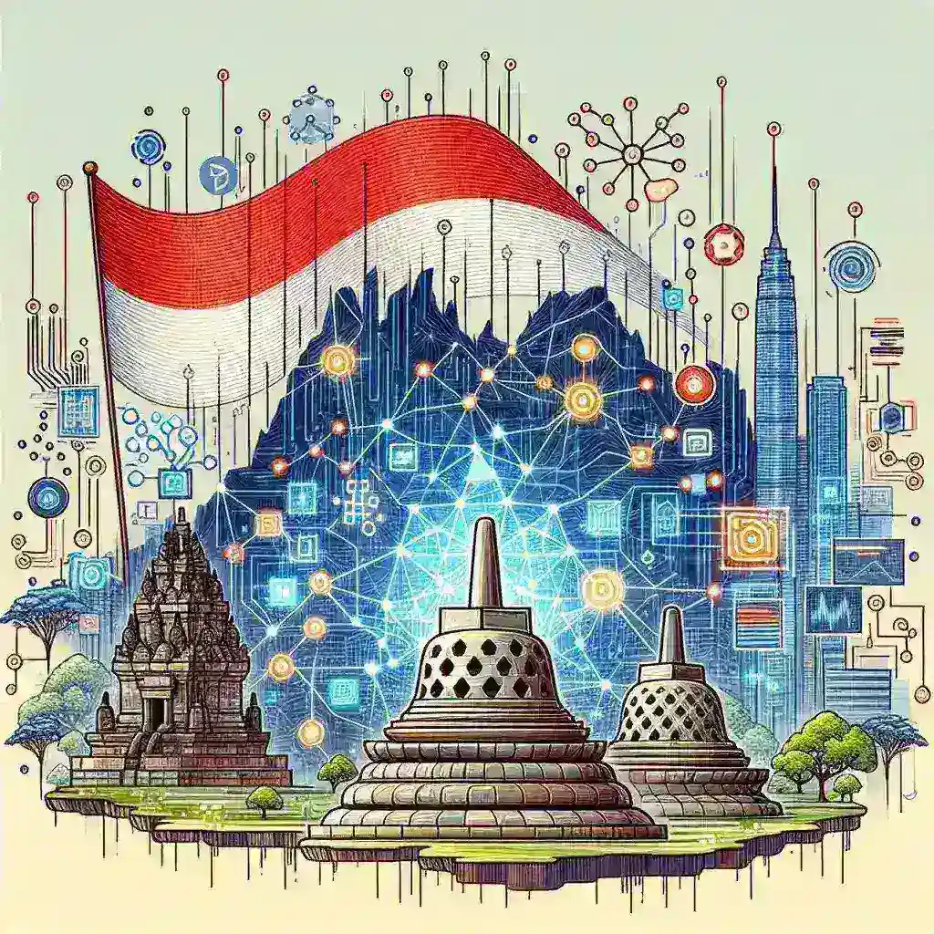 "Image depicting Indonesia's vision as a potential hub for advanced AI-Quantum computing in Asia, showcasing modern technology and innovation in a vibrant cityscape."