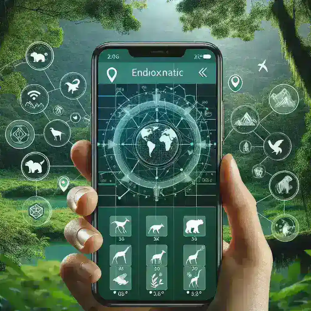 "Ilustrasi pengembangan aplikasi mobile untuk pelacakan dan preservasi satwa endemik di habitat alami mereka."