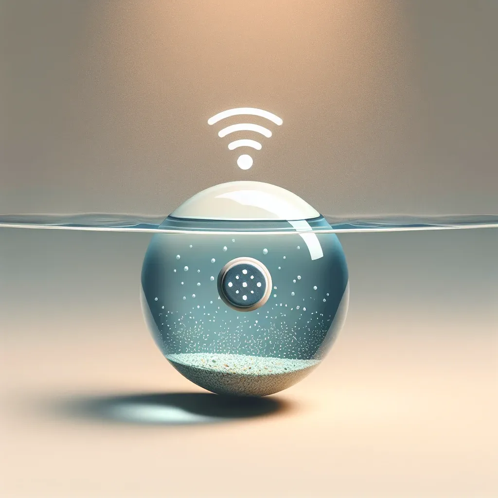 "Apple AirTags terletak di atas permukaan berair, menunjukkan ketahanan terhadap air dengan latar belakang tulisan 'Apakah Apple AirTags Kedap Air? Semua yang Perlu Anda Ketahui'."