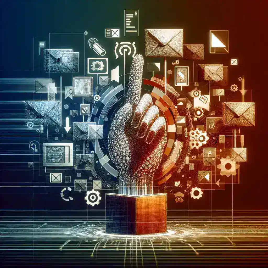 "Ilustrasi regulasi distribusi iklan politik di aplikasi pesan oleh Kominfo, menunjukkan perangkat digital dan pesan politik yang saling berinteraksi."